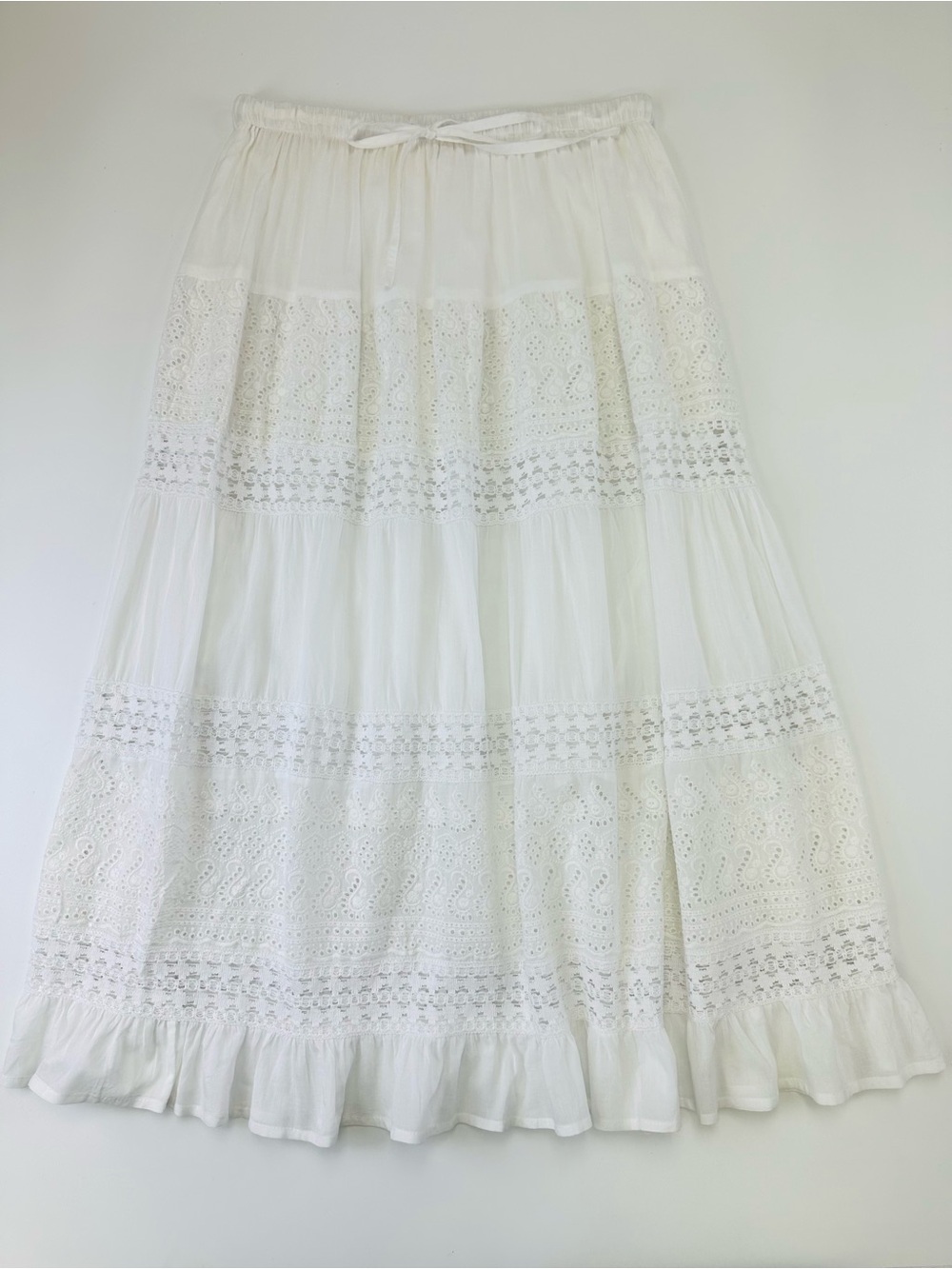 White Cotton Eyelet Lace Tiered Boho Maxi Skirt Medium Beach Sheer Flowy Coastal